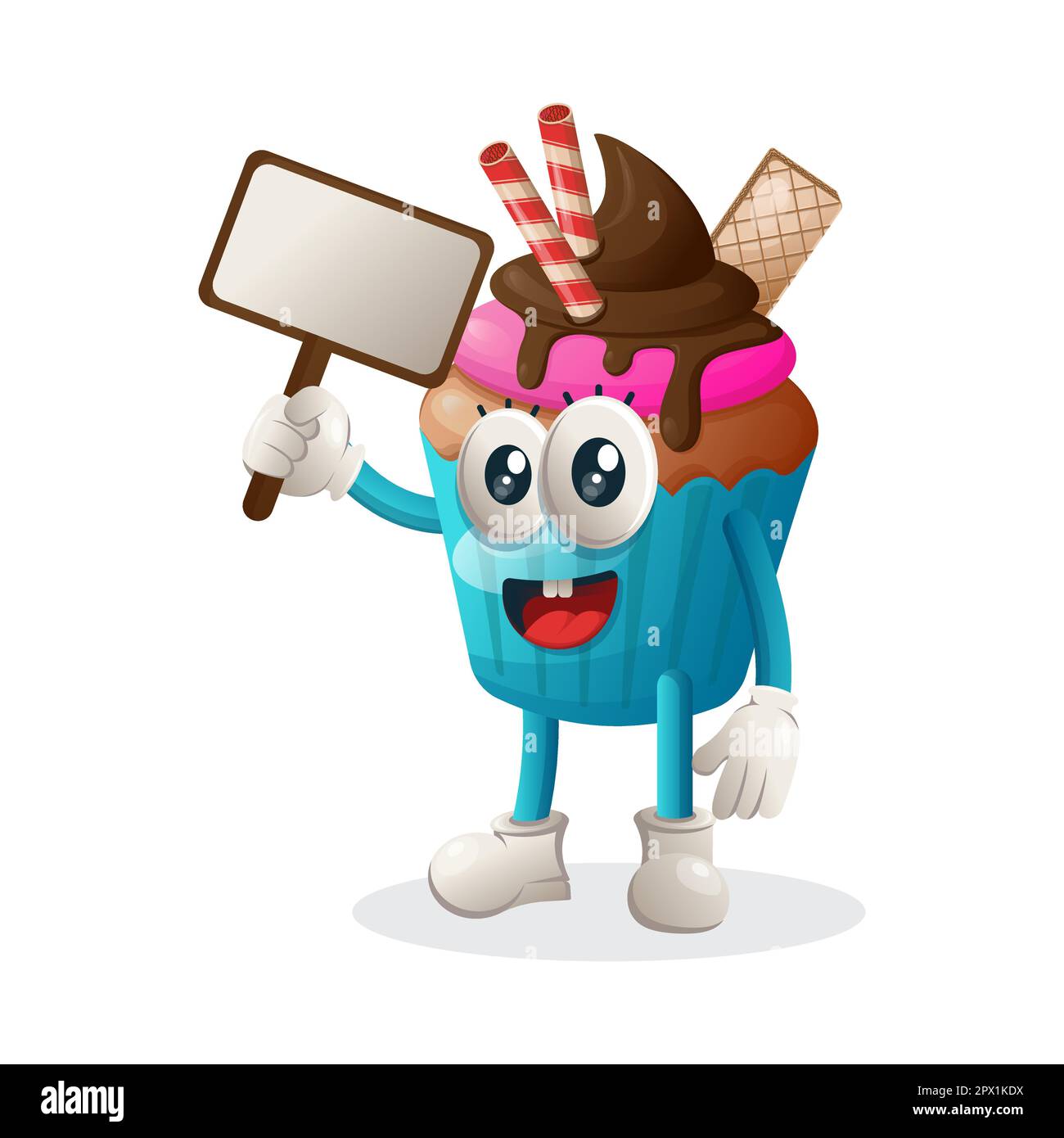 Cute cupcake mascot holding billboards for sale, sign board. Perfect