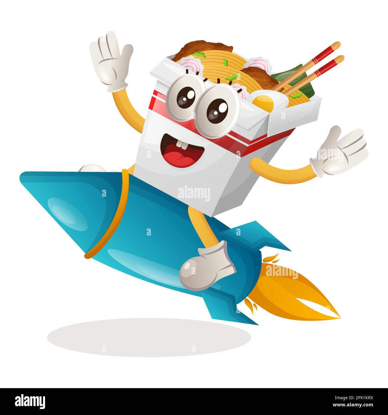 Cute ramen mascot flying on rocket. Perfect for food store, small