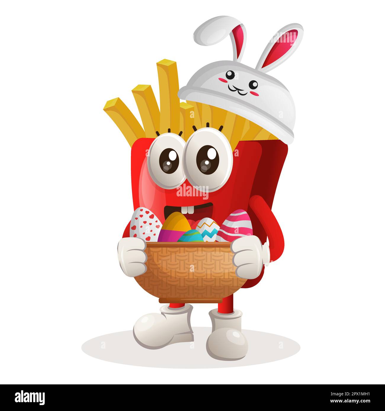 Cute french fries mascot wearing the bunny cap with holding easter egg in basket. Perfect for food store, small business or e-Commerce, merchandise an Stock Vector