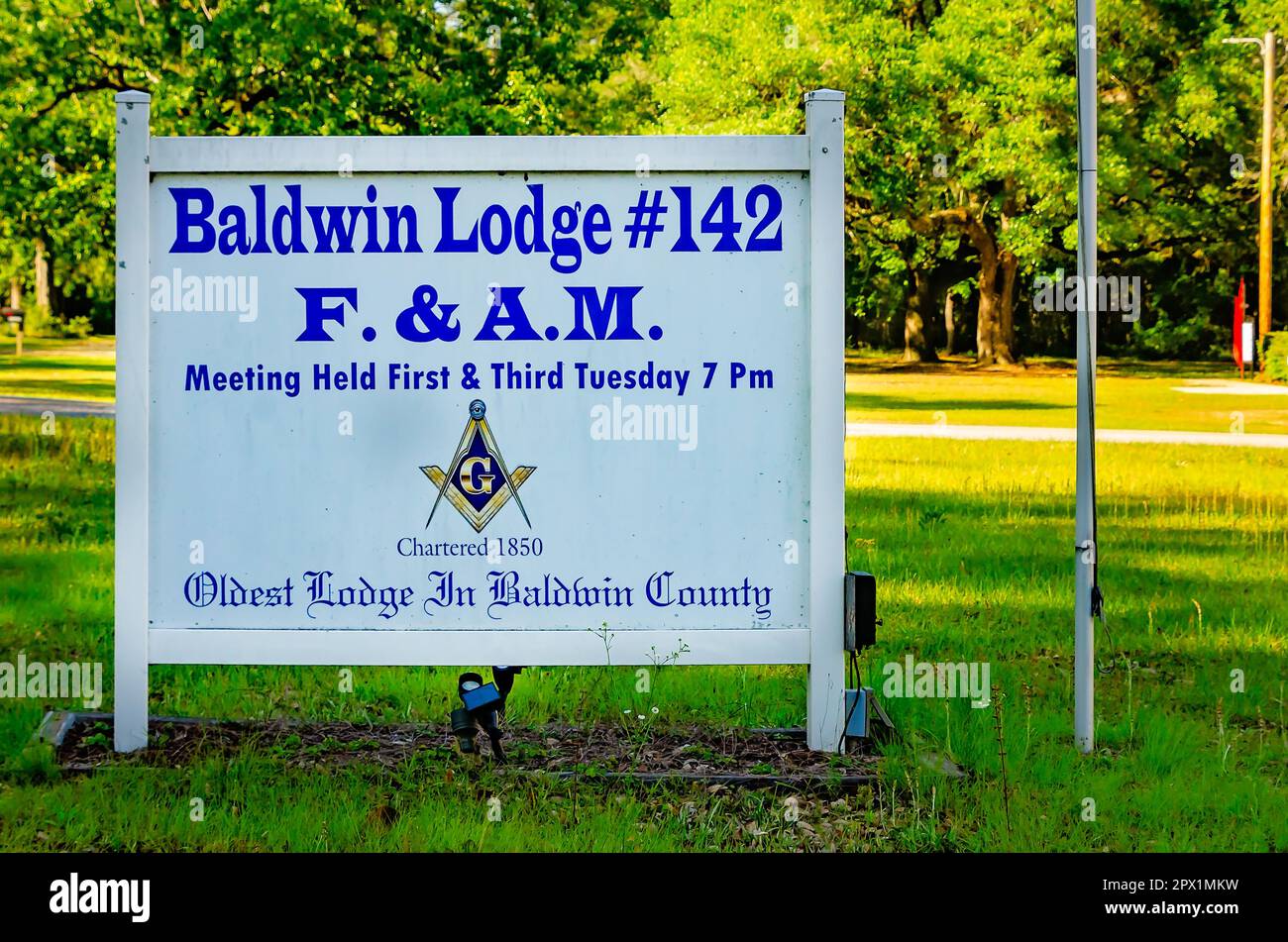 A sign stands in front of Baldwin County Masonic Lodge #142, the oldest Masonic lodge in the county, April 22, 2023, in Stockton, Alabama. The lodge i Stock Photo