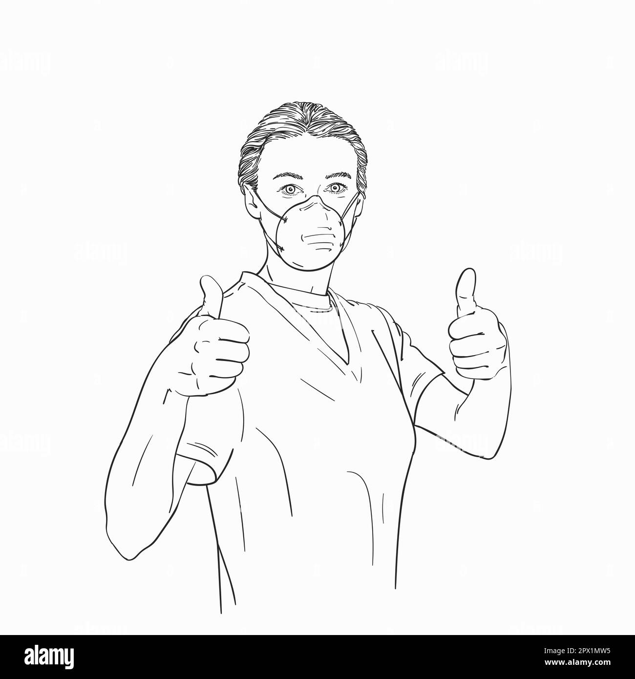 Sketch of woman wearing medical face mask showing thumb up gesture with ...