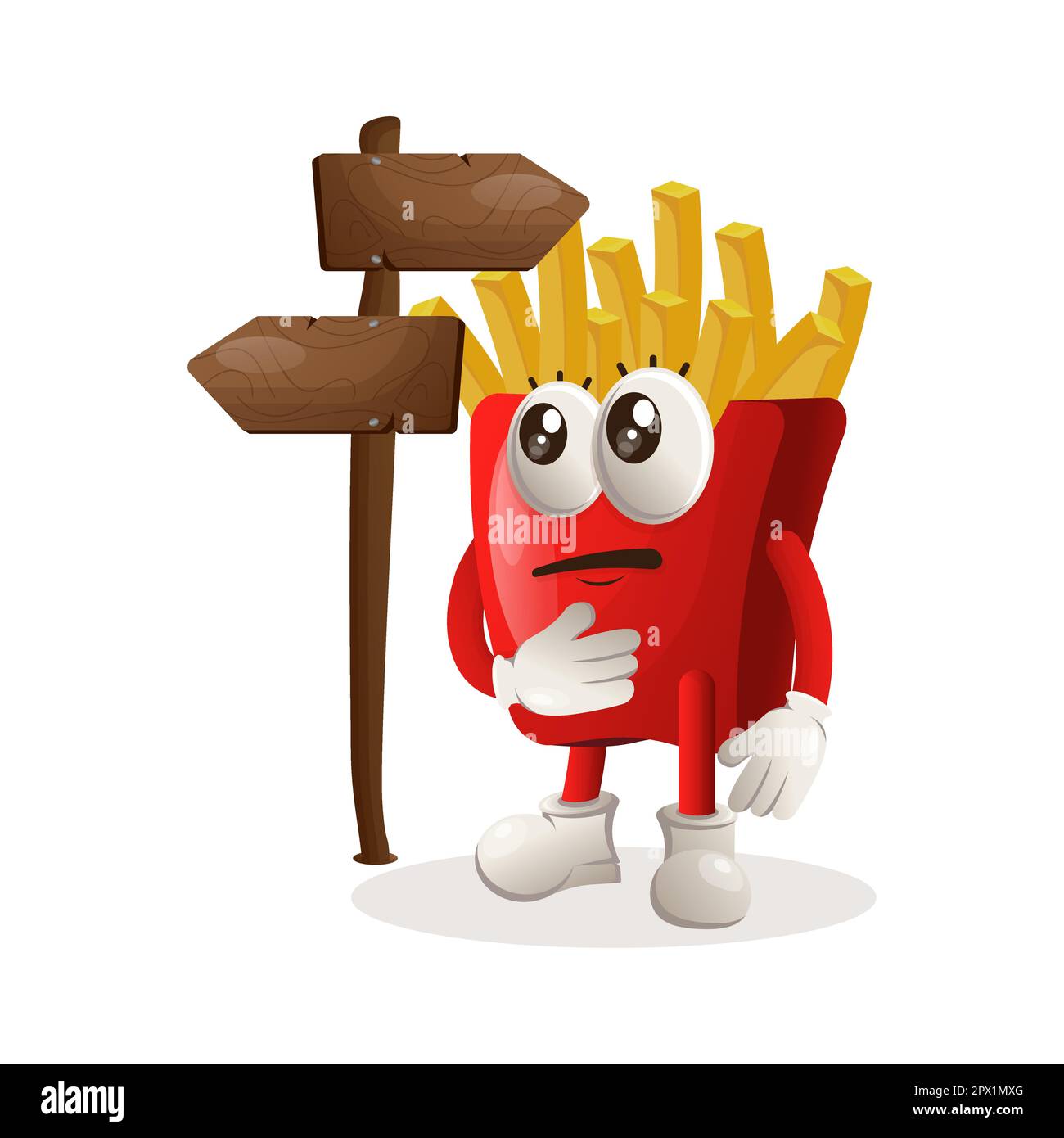 Cute french fries mascot making decision. Perfect for food store, small