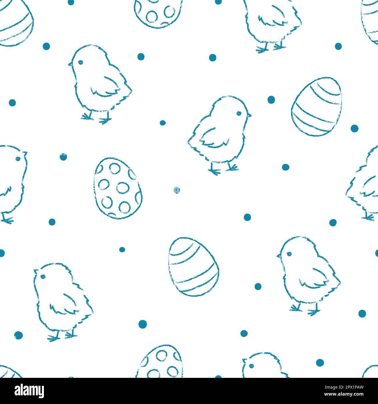 Seamless Easter pattern with cute sketch chickens and patterned eggs. Stock Vector