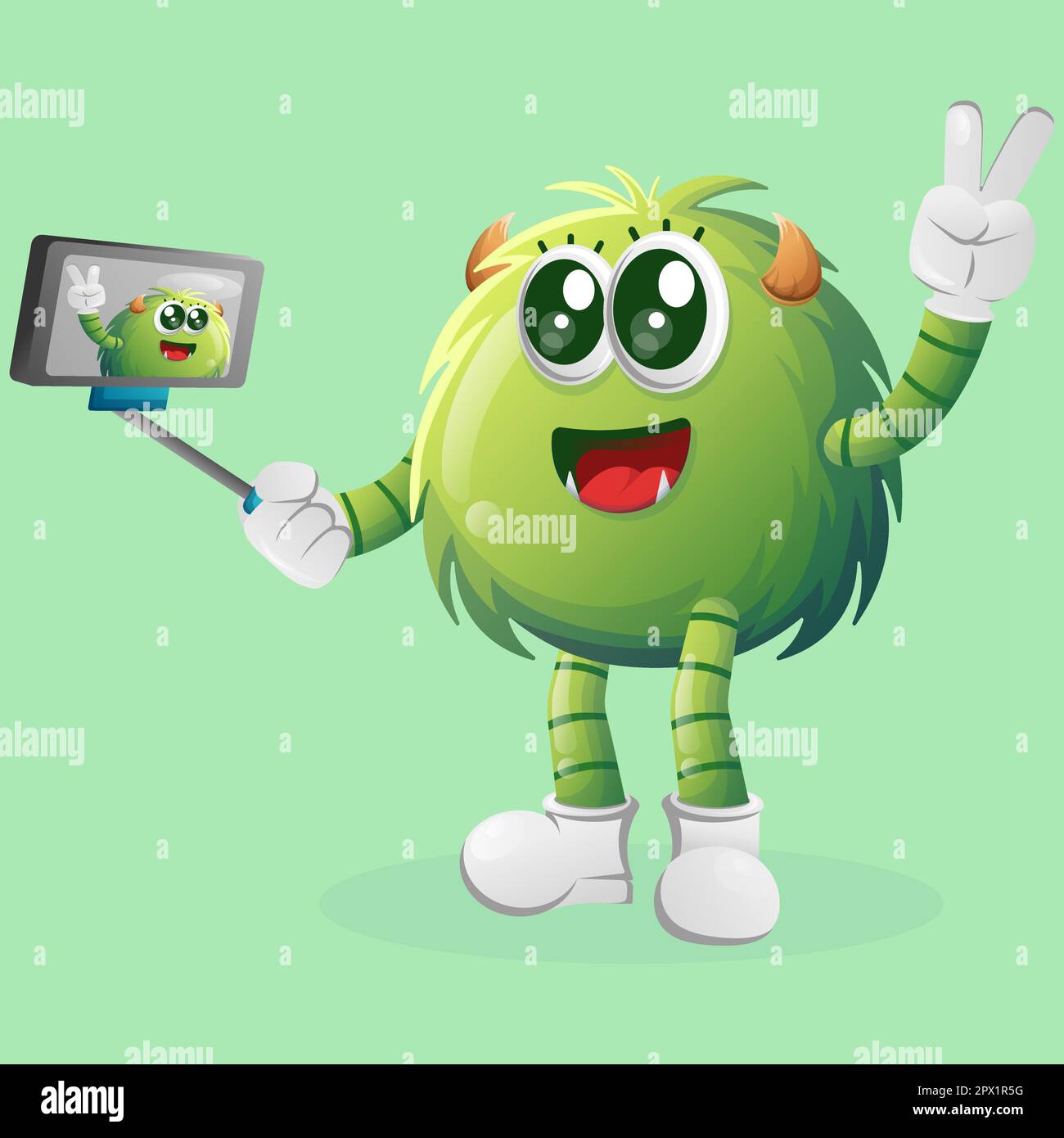 Cute green monster takes a selfie with smartphone. Perfect for kids, small business or e-Commerce, merchandise and sticker, banner promotion, blog or Stock Vector