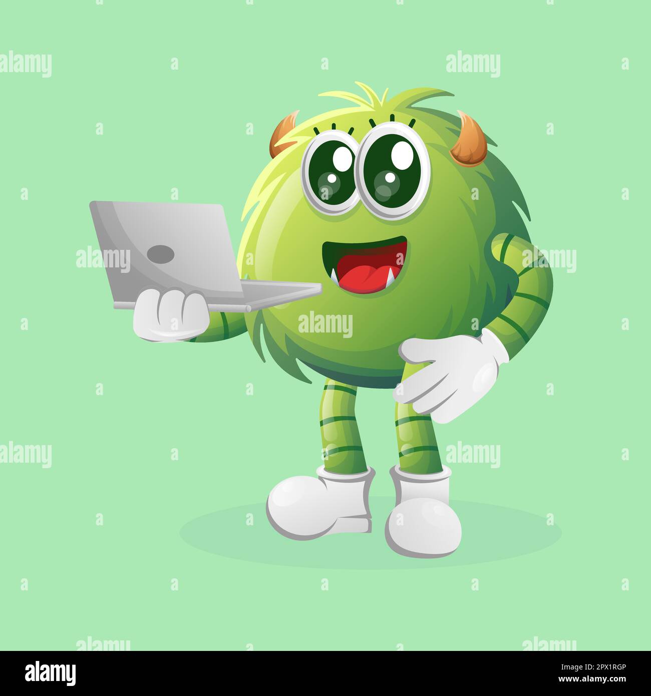 Cute green monster working using a laptop. Perfect for kids, small business or e-Commerce, merchandise and sticker, banner promotion, blog or vlog cha Stock Vector