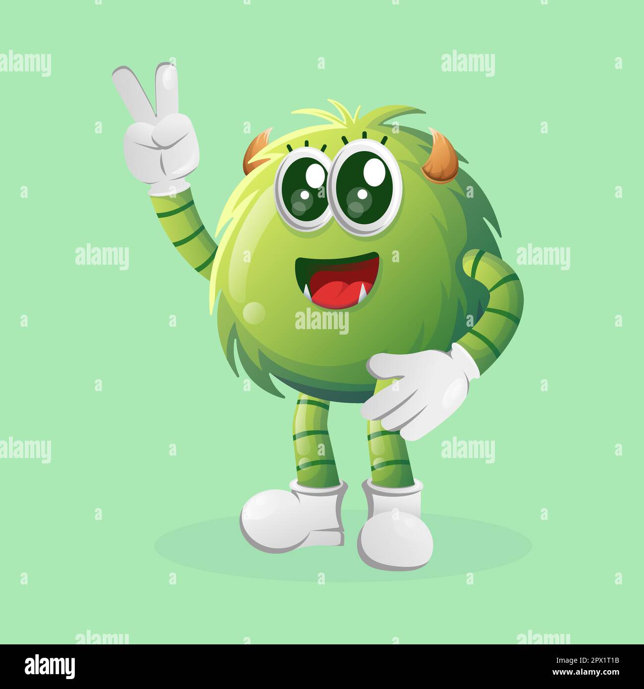 Cute green monster with peace hand. Perfect for kids, small business or e-Commerce, merchandise and sticker, banner promotion, blog or vlog channel Stock Vector