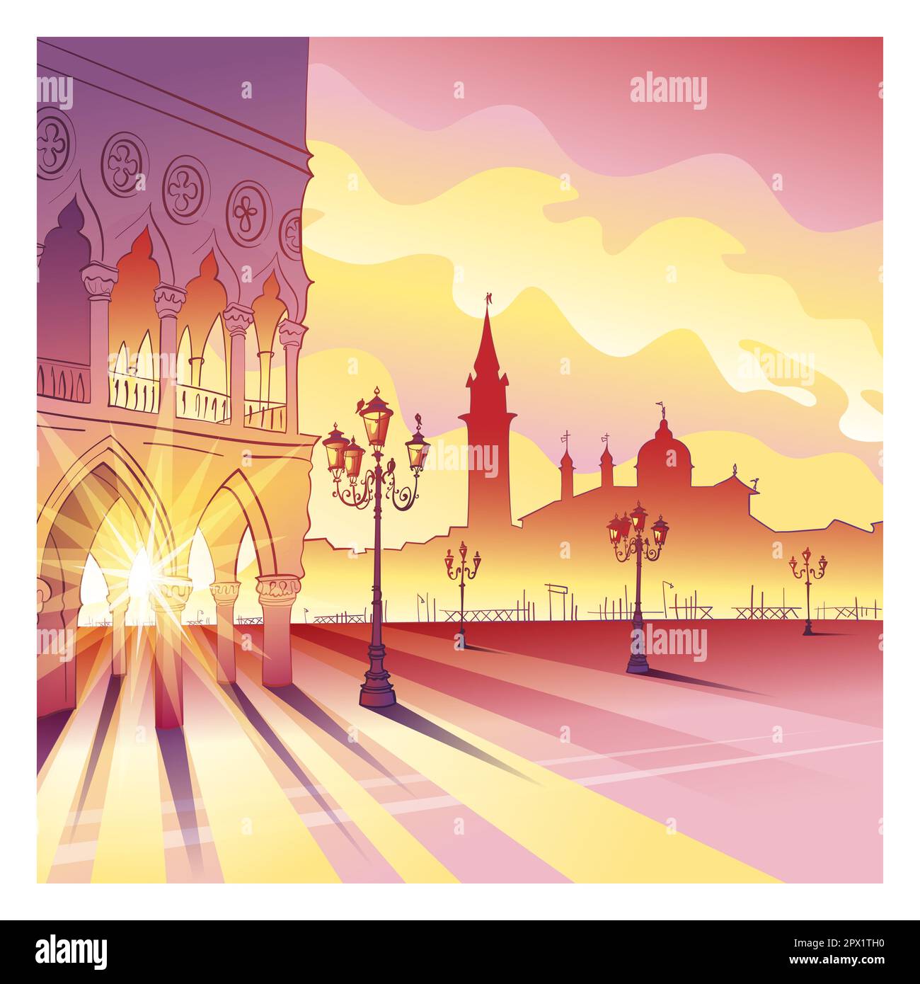 Doge Palace and Column of San Marco on Piazzeta San Marco at sunrise in