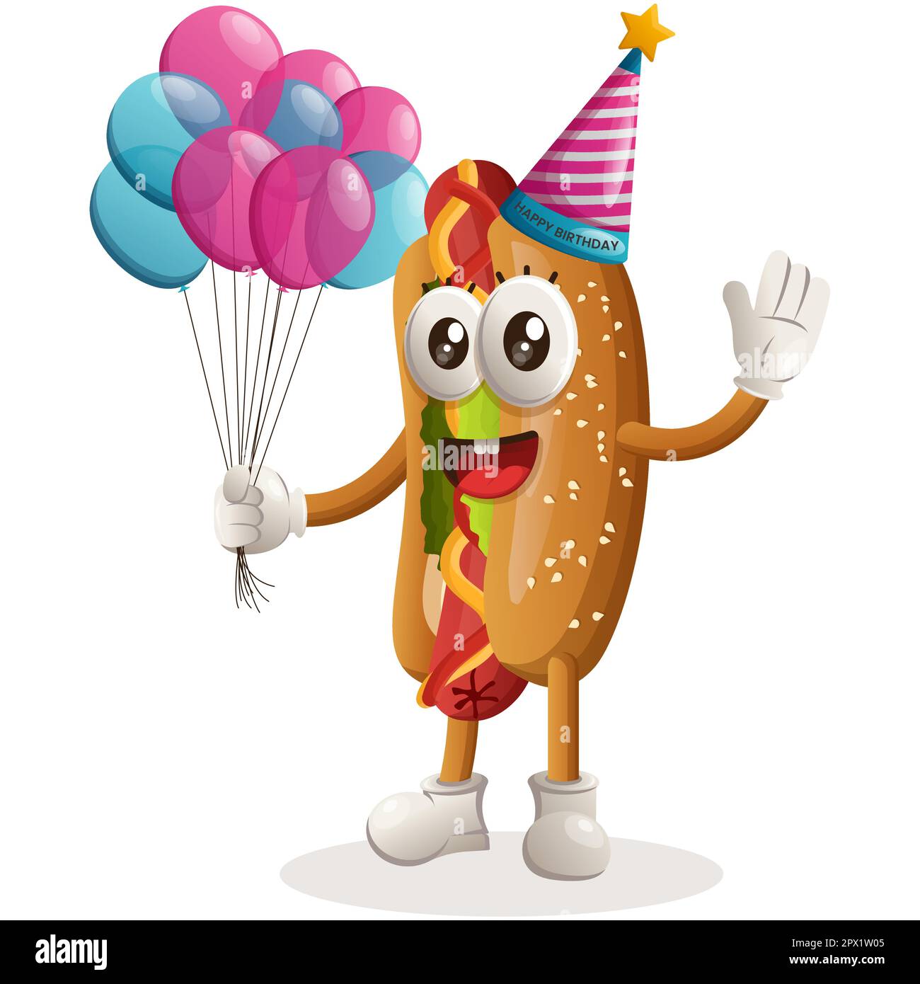 Cute hotdog mascot wearing a birthday hat, holding balloons. Perfect for food store, small business or e-Commerce, merchandise and sticker, banner pro Stock Vector