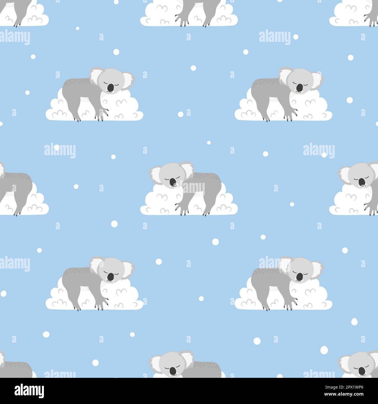 Seamless pattern with cute sleeping koala bears on the clouds. Vector background Stock Vector
