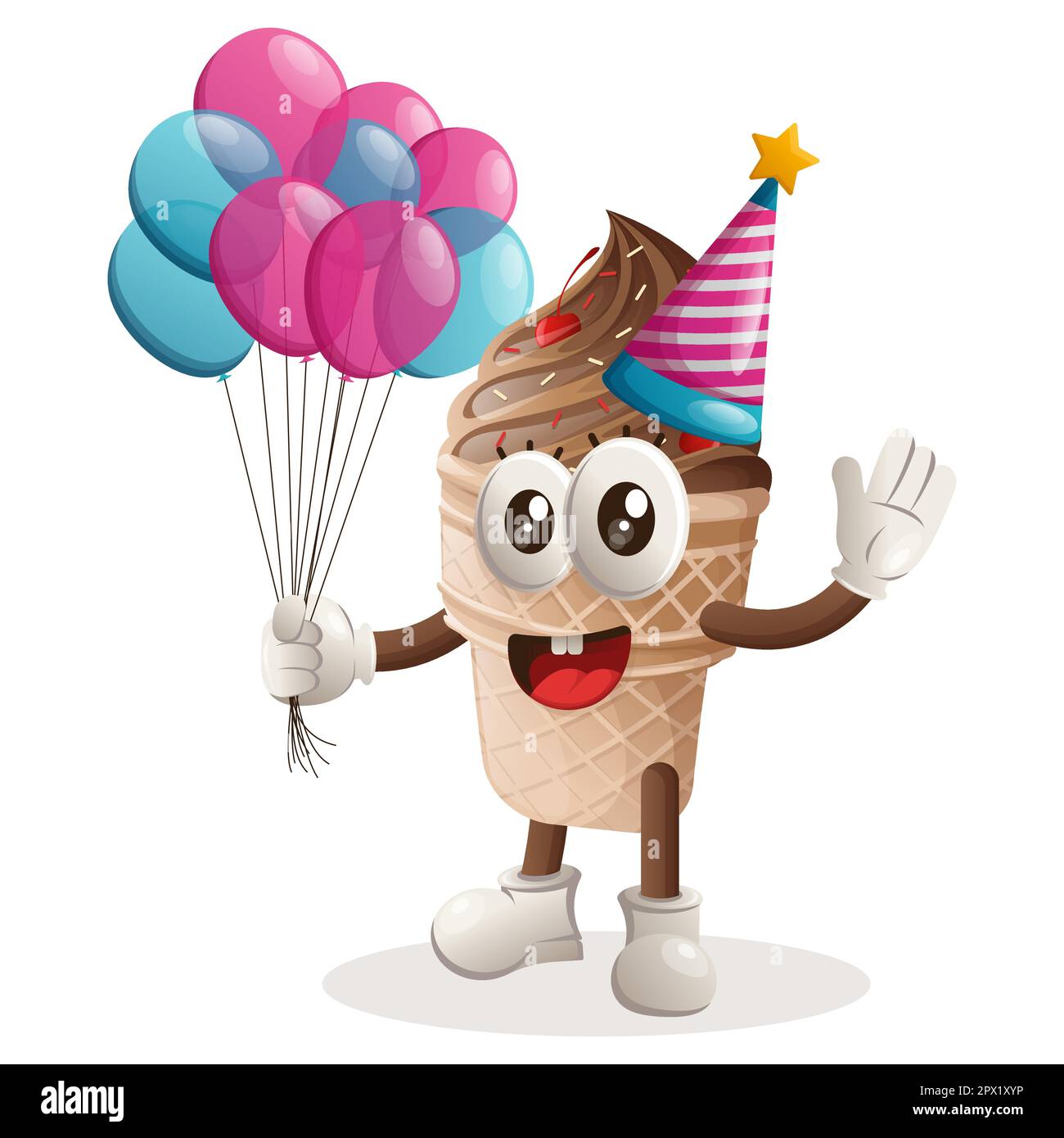 Cute ice cream mascot wearing a birthday hat, holding balloons. Perfect for food store, small business or e-Commerce, merchandise and sticker, banner Stock Vector