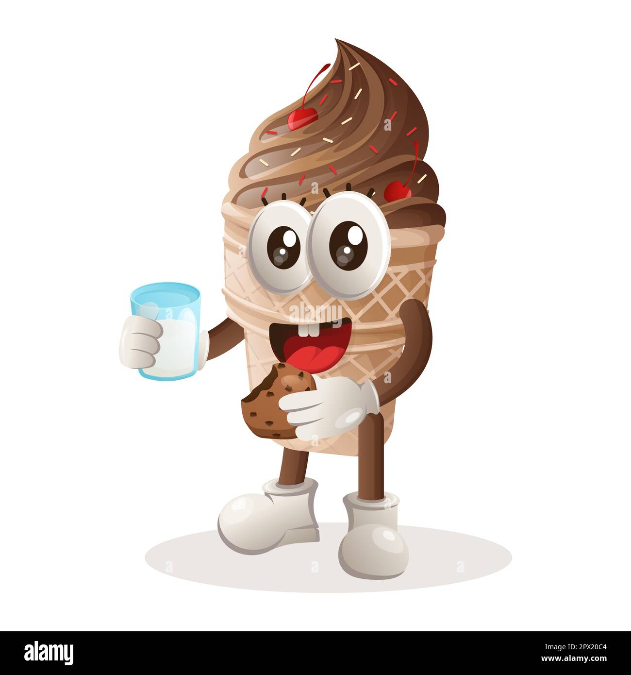 Cute ice cream mascot drink milk and eat cookie. Perfect for food store