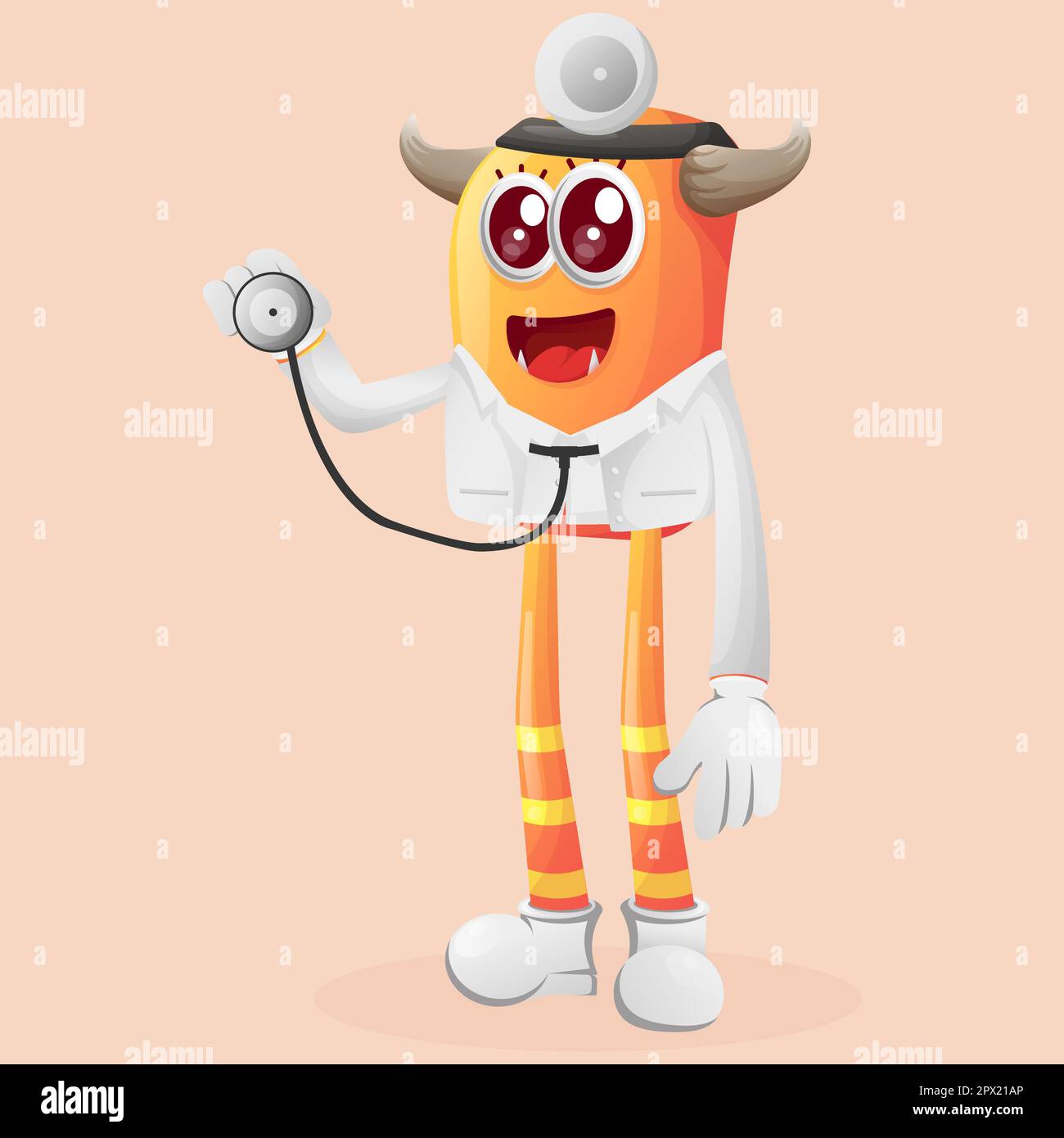 Cute orange monster doctor holding stethoscope. Perfect for kids, small business or e-Commerce, merchandise and sticker, banner promotion Stock Vector