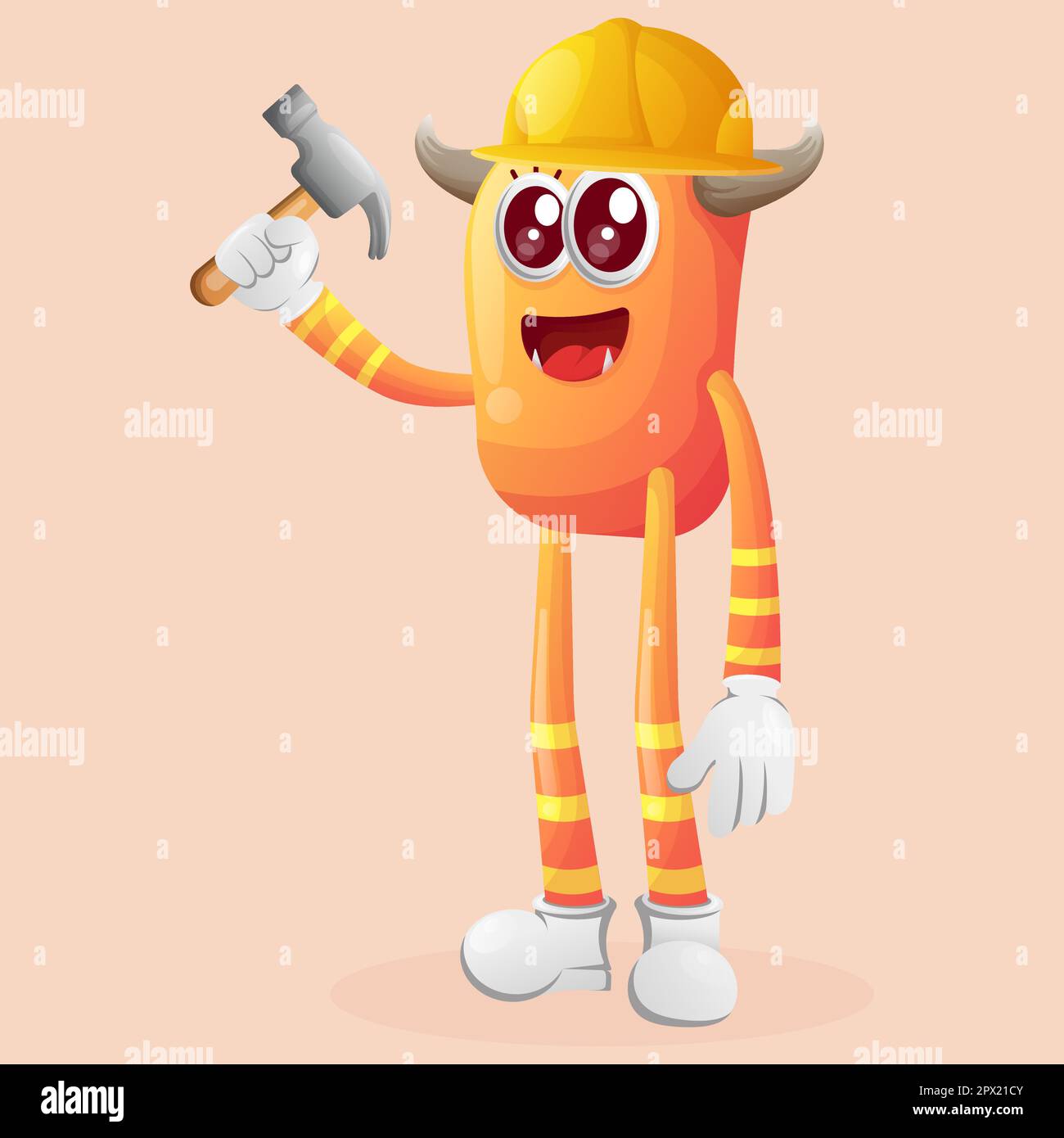 Cute orange monster builder holding hammer. Perfect for kids, small business or e-Commerce, merchandise and sticker, banner promotion, blog Stock Vector