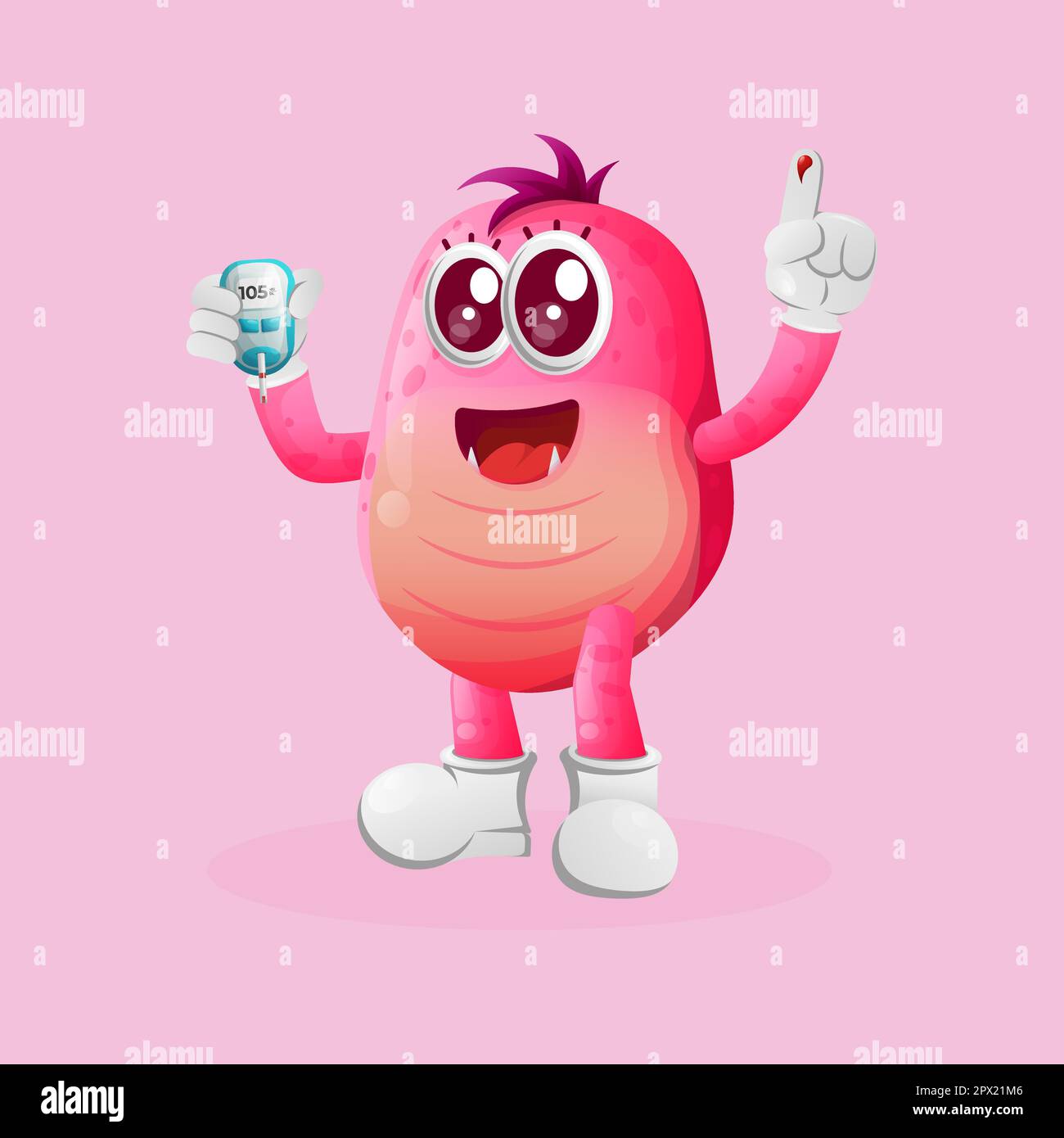 Cute pink monster holding a blood glucose meter. Perfect for kids, small business or e-Commerce, merchandise and sticker, banner promotion Stock Vector