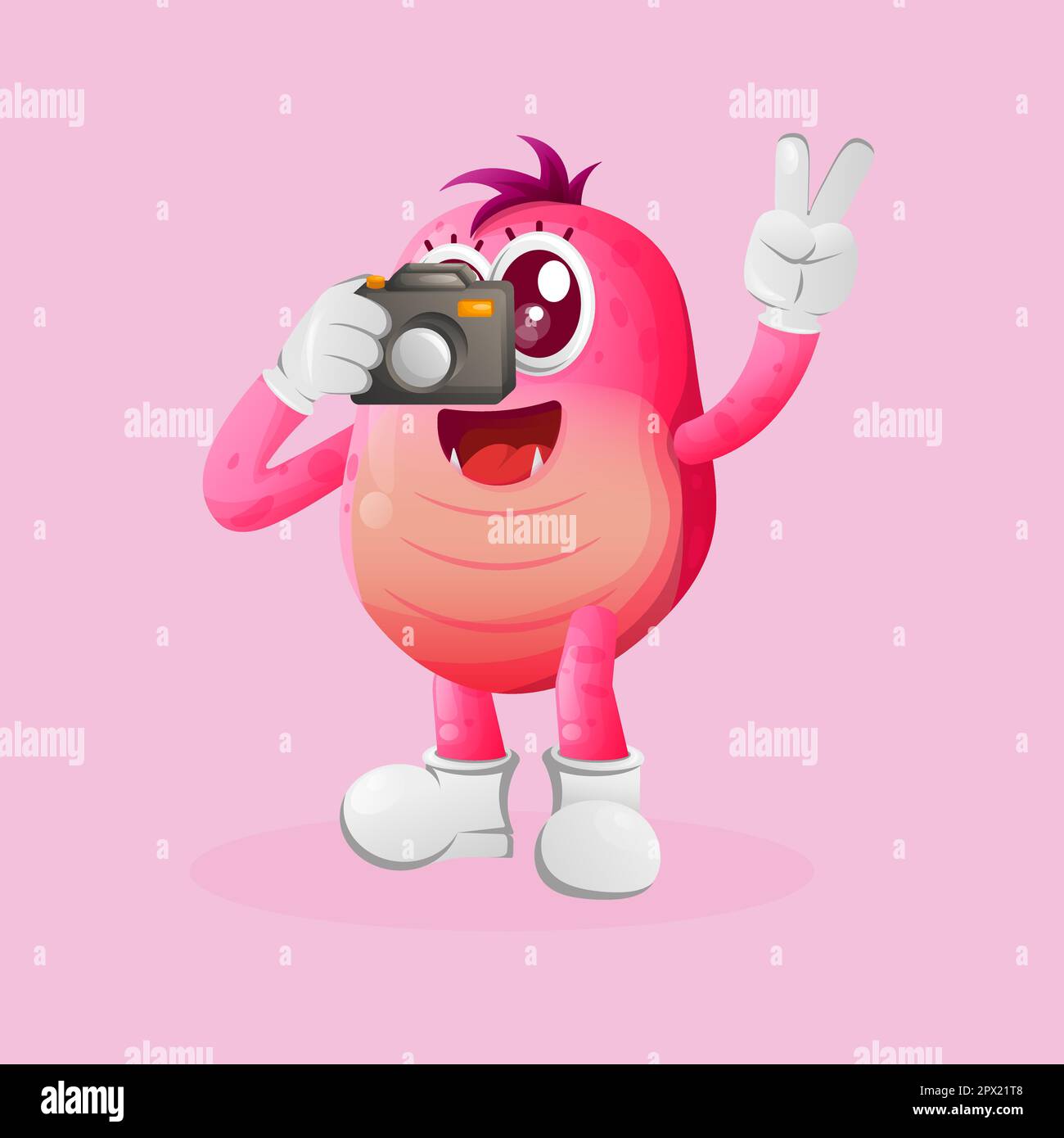 Cute pink monster taking photo with camera. Perfect for kids, small business or e-Commerce, merchandise and sticker, banner promotion, blog or vlog Stock Vector