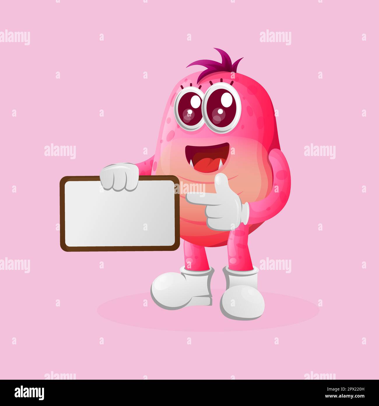 Cute pink monster holding billboards, sign board. Perfect for kids, small business or e-Commerce, merchandise and sticker, banner promotion Stock Vector