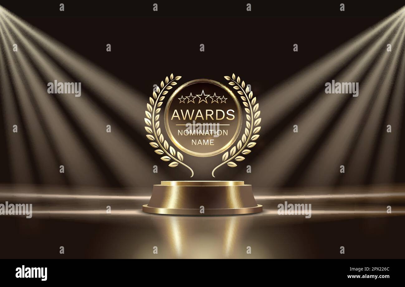 Awards nomination name podium, golden prize event, scene star ceremony. Vector Stock Vector