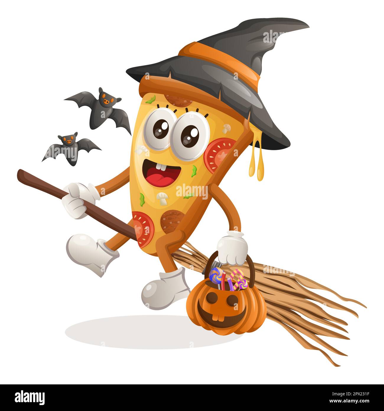 Cute pizza mascot witch with holding halloween pumpkin with candy on it. Perfect for food store, small business or e-Commerce, merchandise and sticker Stock Vector