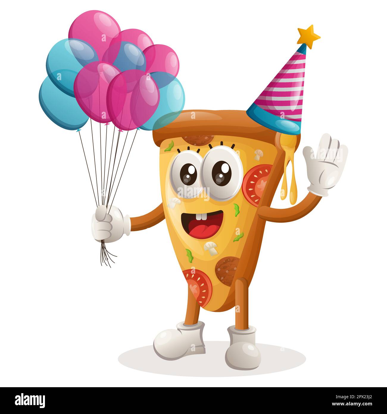 Cute pizza mascot wearing a birthday hat, holding balloons. Perfect for food store, small business or e-Commerce, merchandise and sticker, banner prom Stock Vector