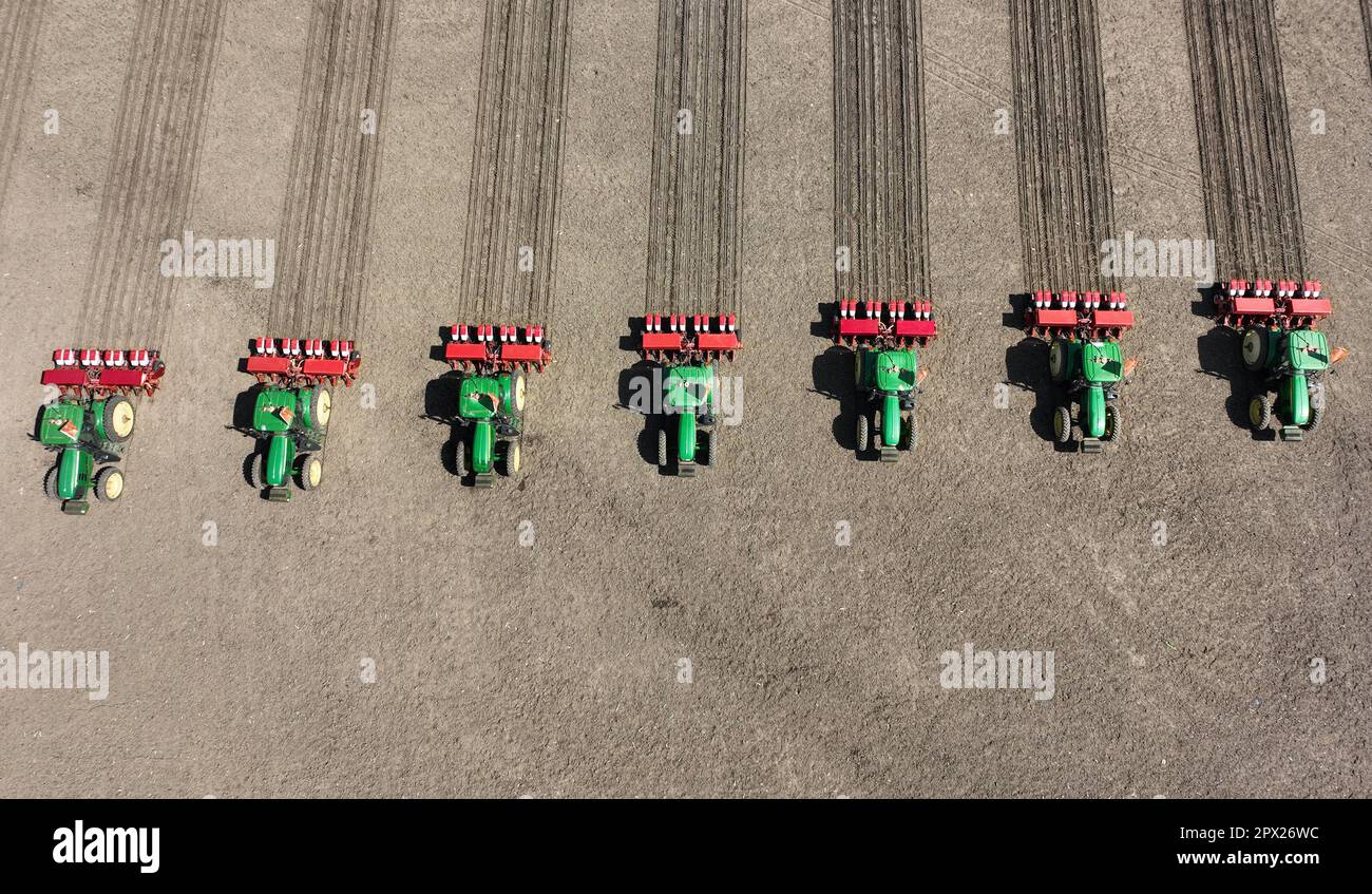 SHENYANG, CHINA - MAY 1, 2023 - Aerial photo taken on May 1, 2023 shows multiple seeders sowing spring ploughing at a planting base in Shenyang, Liaon Stock Photo
