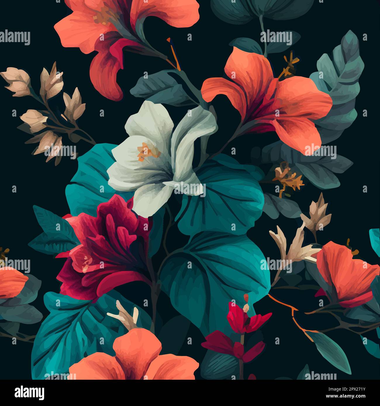 Seamless pattern of green tropical leaves with strelitzia, plumeria and ...