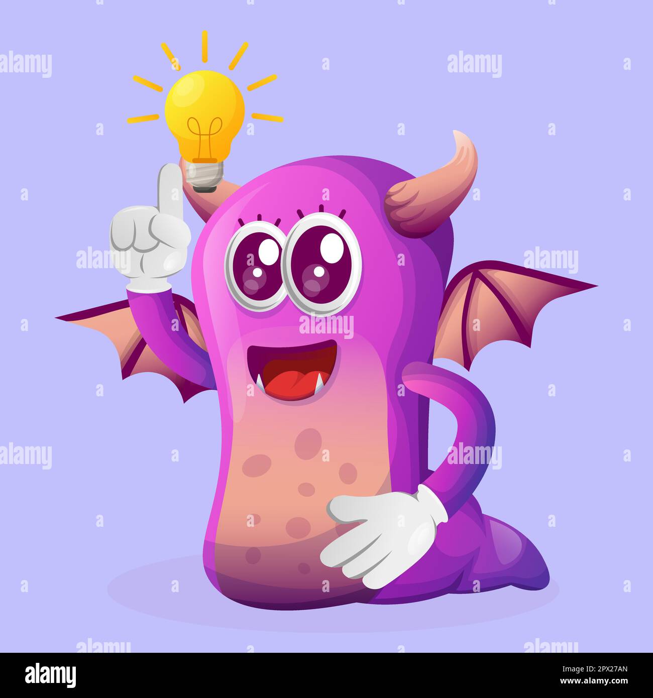 Cute purple monster got an idea, bulb idea, inspiration. Perfect for kids, small business or e-Commerce, merchandise and sticker, banner promotion Stock Vector