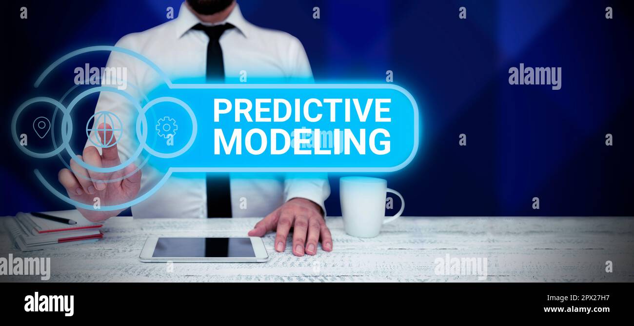 Conceptual display Predictive Modeling, Word Written on maintenance strategy driven by predictive analytics Stock Photo