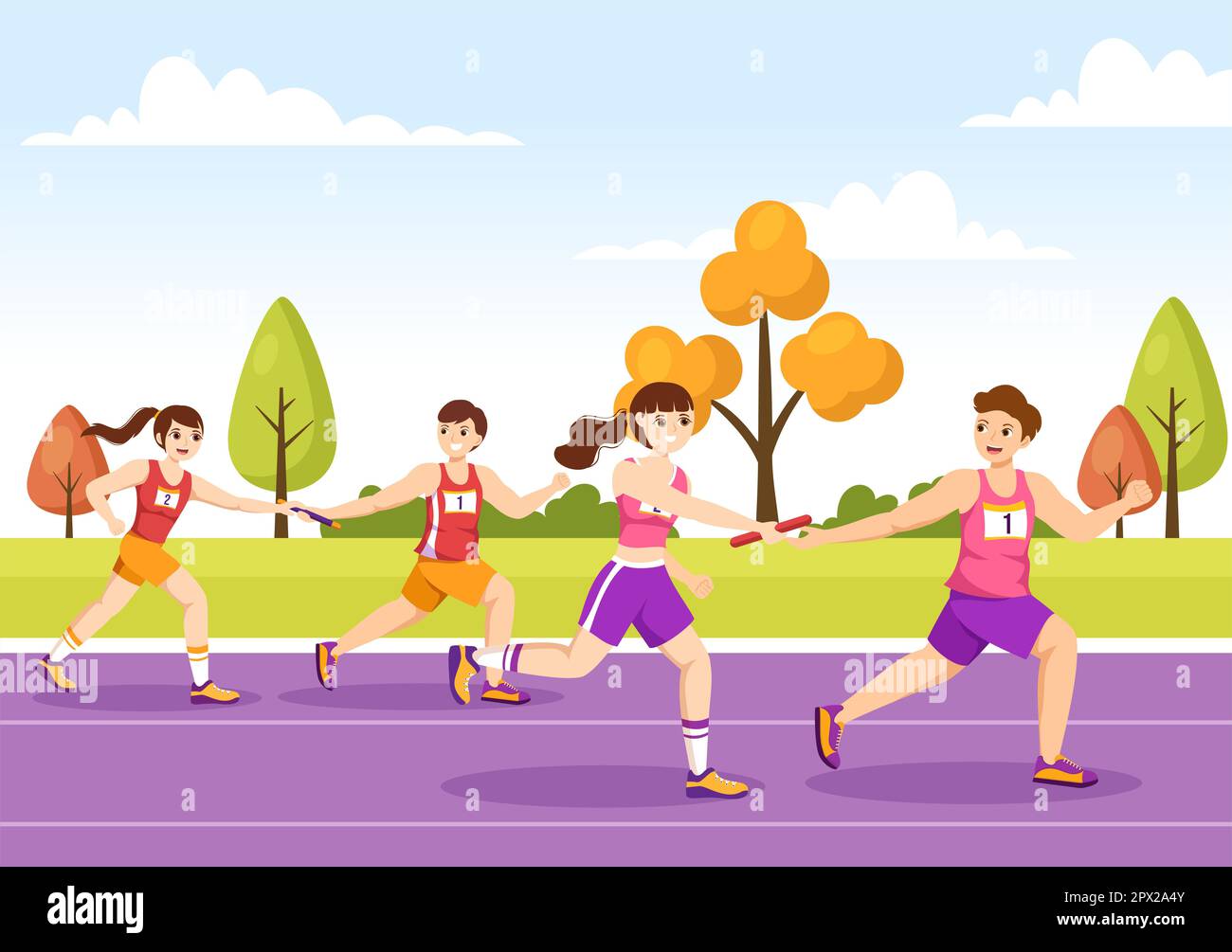 Relay Race Illustration by Passing the Baton to Teammates Until
