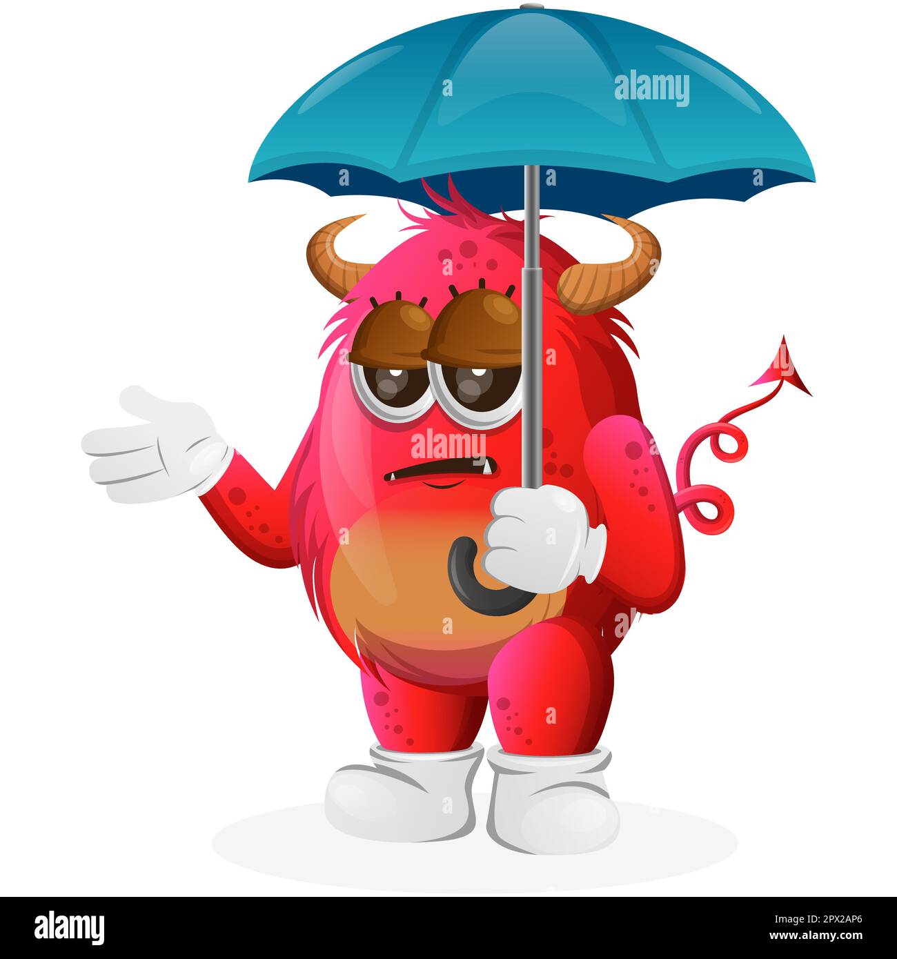 Cute red monster holding umbrella with bored expression. Perfect for kids, small business or e-Commerce, merchandise and sticker, banner promotio Stock Vector