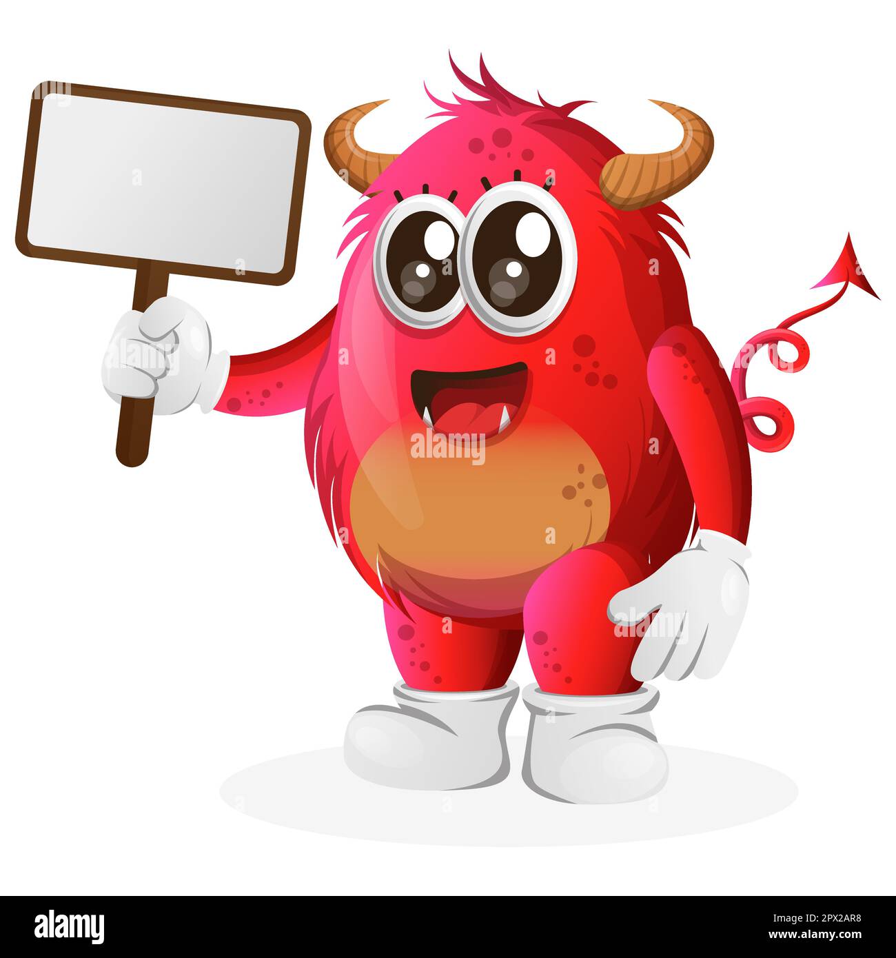 Cute red monster holding billboards. Perfect for kids, small business or e-Commerce, merchandise and sticker, banner promotion, blog or vlog channel Stock Vector