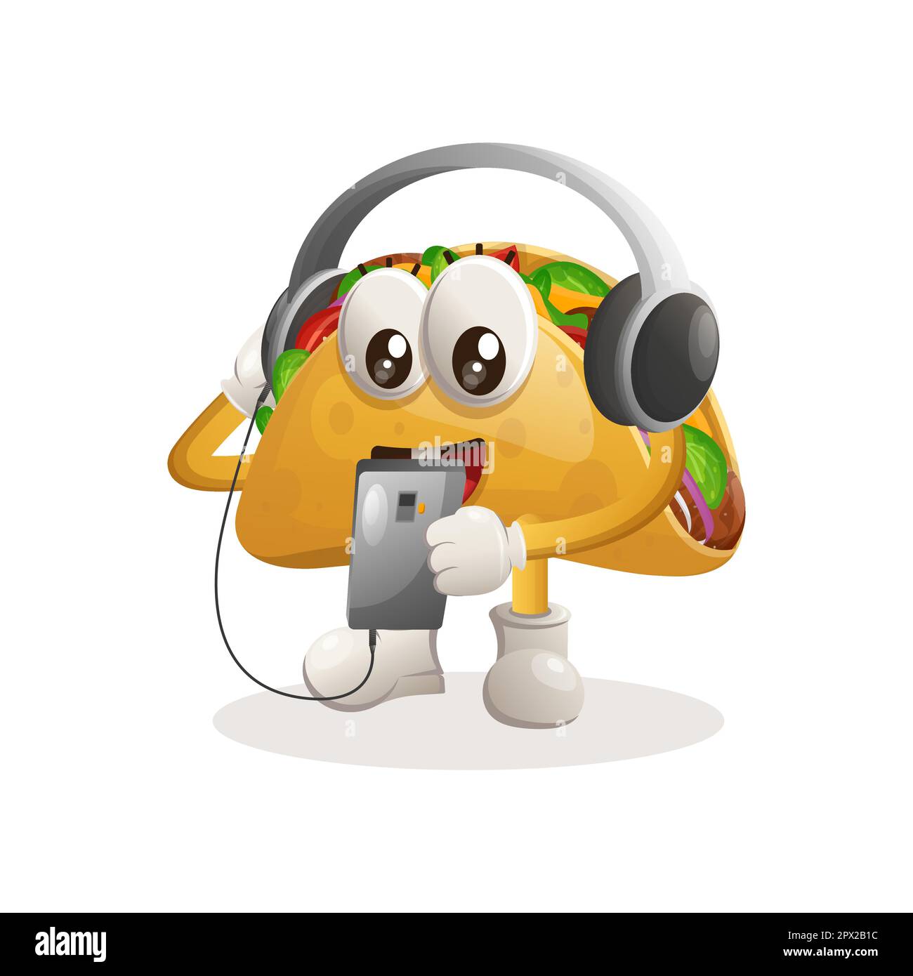 Cute taco mascot listening music on a smartphone using a headphone. Perfect for food store, small business or e-Commerce, merchandise and sticker, ban Stock Vector