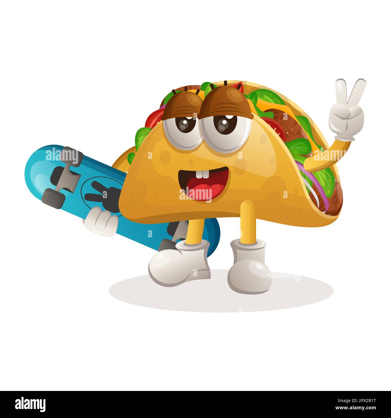 Cute taco mascot carrying a skateboard. Perfect for food store, small business or e-Commerce, merchandise and sticker, banner promotion, food review b Stock Vector