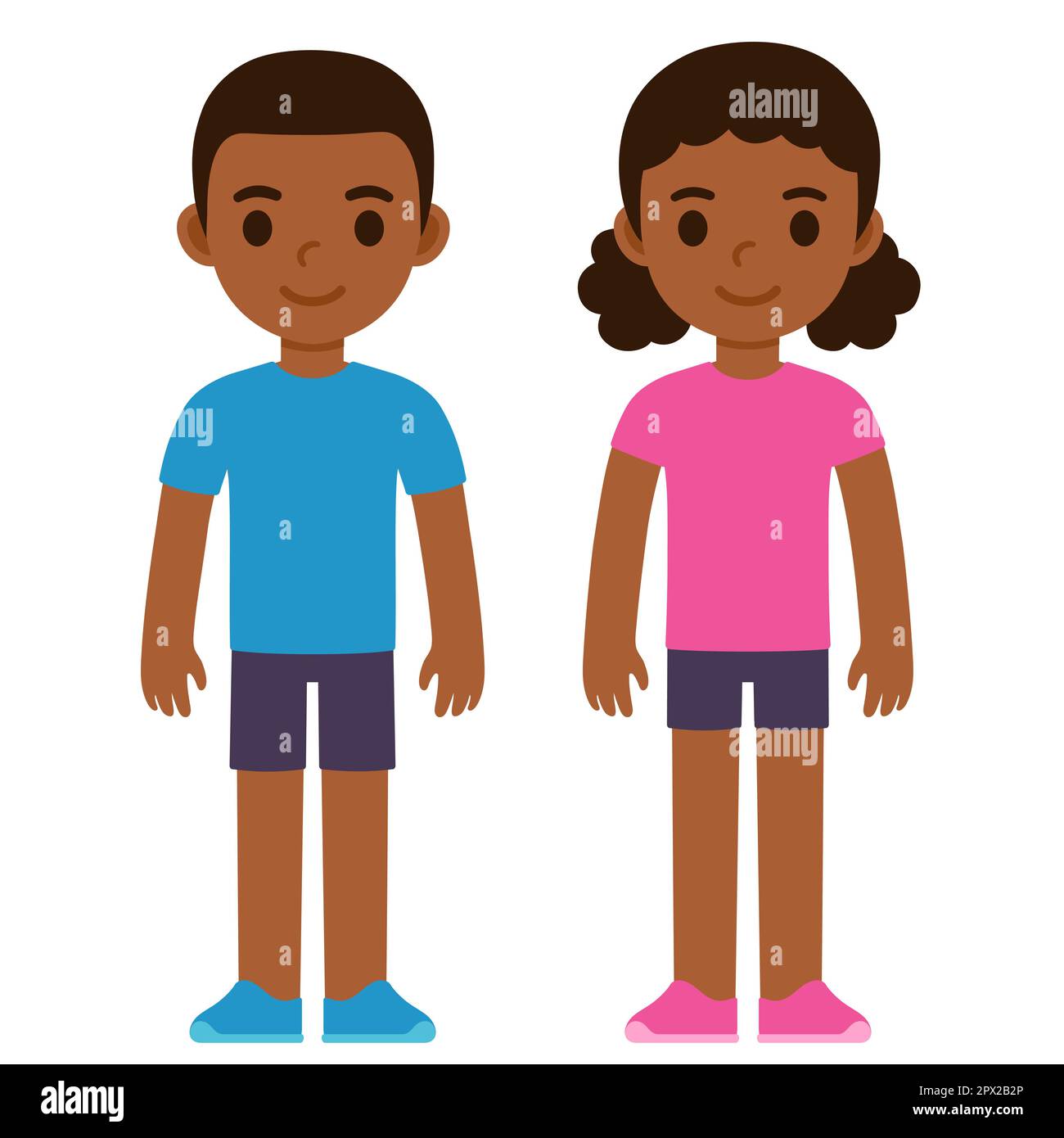 Cute cartoon Black boy in blue shirt and girl in pink shirt. Children in traditional gender clothes color. Simple flat vector illustration. Stock Vector