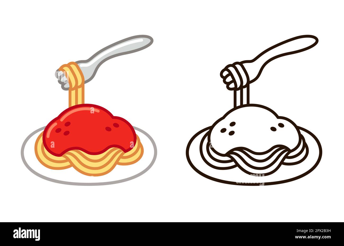 Spaghetti with tomato sauce, simple cartoon doodle icon. Color and