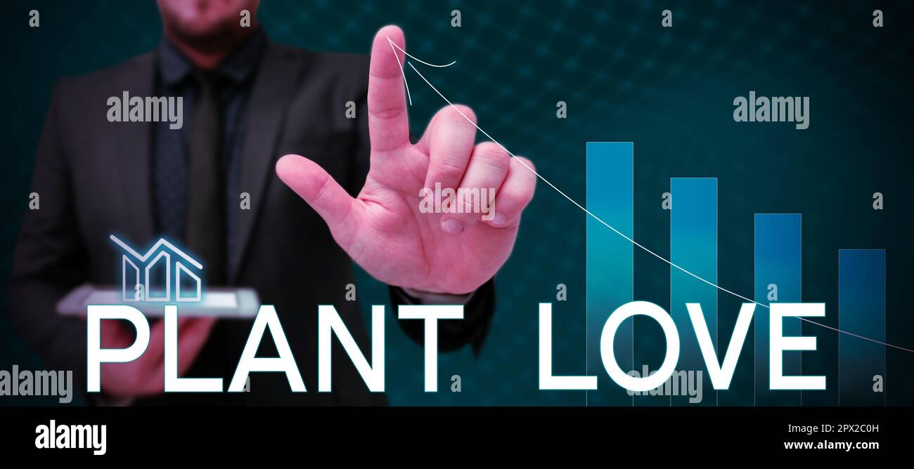 Text caption presenting Plant Love, Word Written on a symbol of