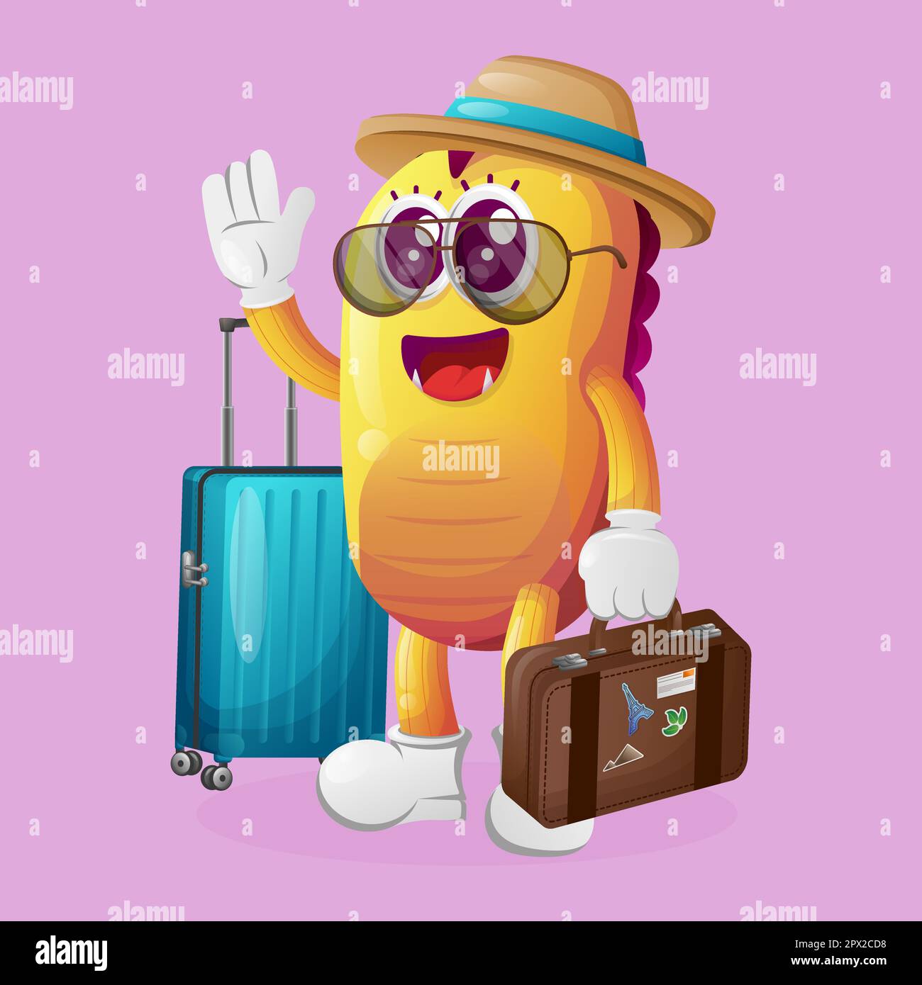 Cute yellow monster on vacation carrying a suitcase. Perfect for kids, small business or e-Commerce, merchandise and sticker, banner promotion, blog o Stock Vector