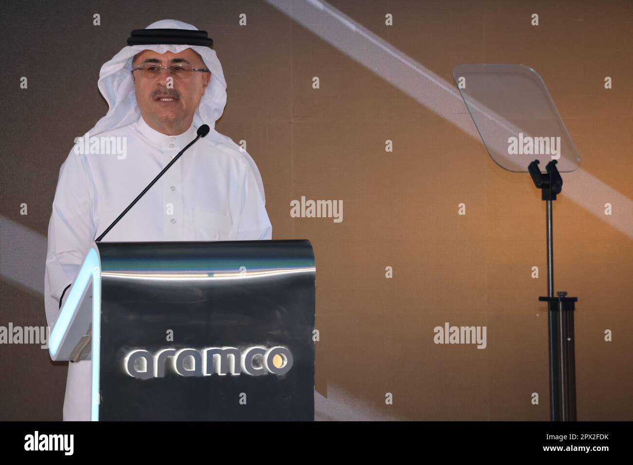 Dammam, Saudi Arabia. 1st May, 2023. Amin H. Nasser, the Aramco president and CEO, speaks during a signing ceremony in Dammam, Saudi Arabia, on May 1, 2023. Saudi Aramco, China's Baoshan Iron & Steel Co., Ltd (Baosteel), and Saudi Public Investment Fund (PIF) on Monday signed a shareholders' agreement to establish an integrated steel plate manufacturing complex in Saudi Arabia. Credit: Wang Haizhou/Xinhua/Alamy Live News Stock Photo