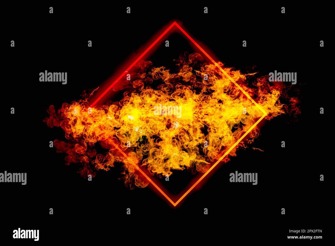 Square frame with orange flames in frame on black background. Stock Photo