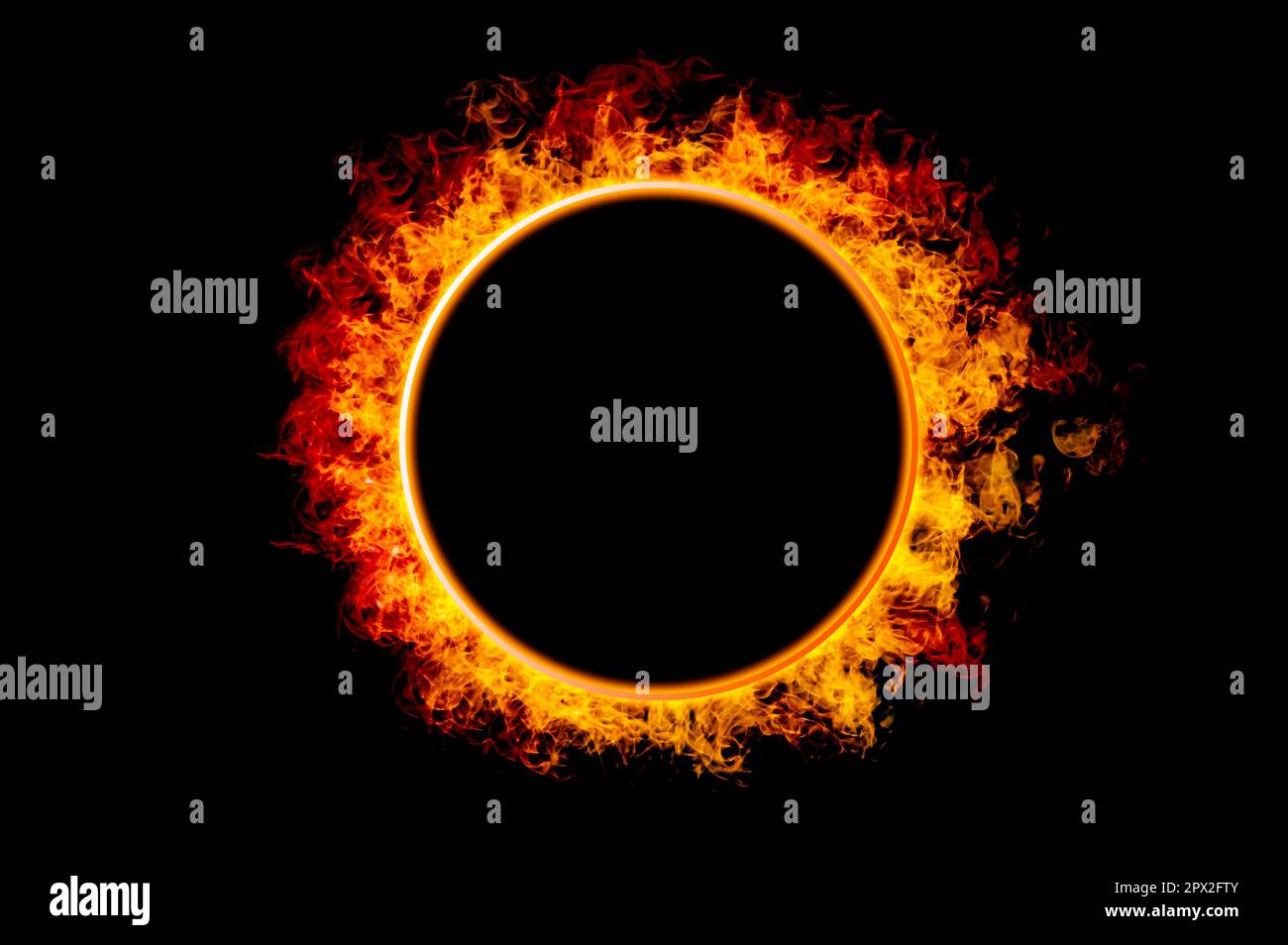 orange flame circle frame on black background Stock Photo