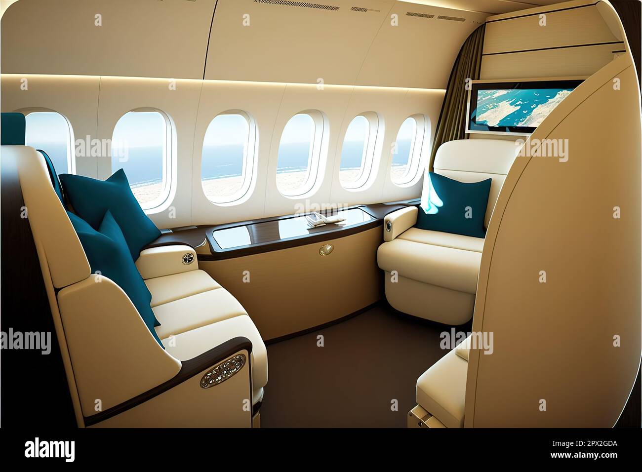 First class seats inside a Boeing 7478 jumbo jet airplane from the