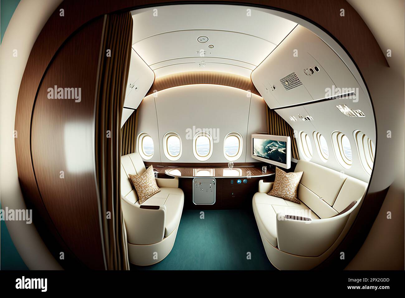 First class seats inside a Boeing 7478 jumbo jet airplane from the