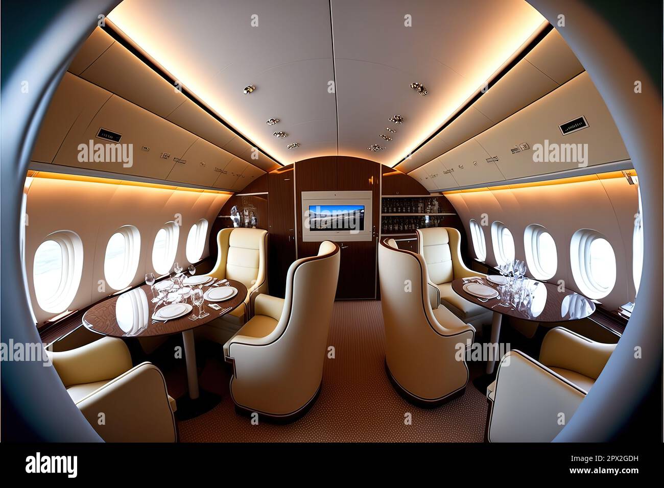 First class seats inside a Boeing 7478 jumbo jet airplane from the