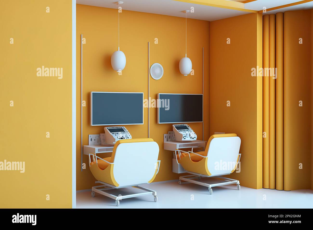 Side view of a hospital ward with yellow walls, two beds, two monitors