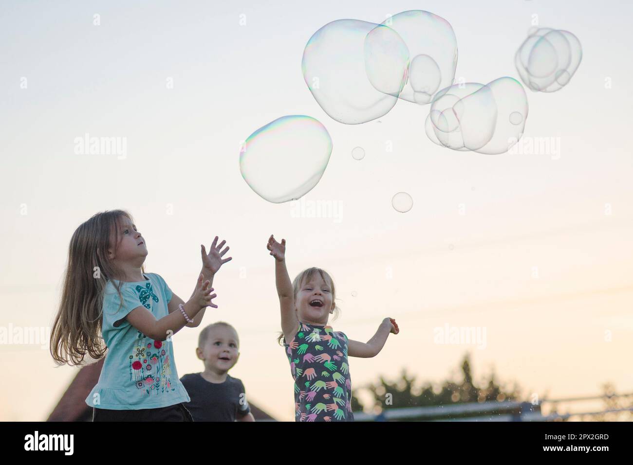 The happy children are playing with soap bubbles outdoors on sky ...