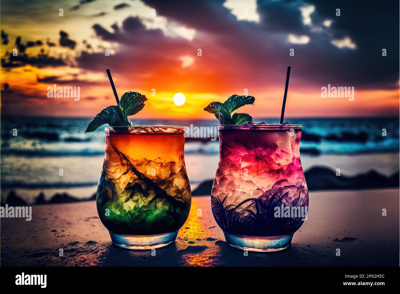 drinks with blur tropical beach and sunset in background Stock Photo