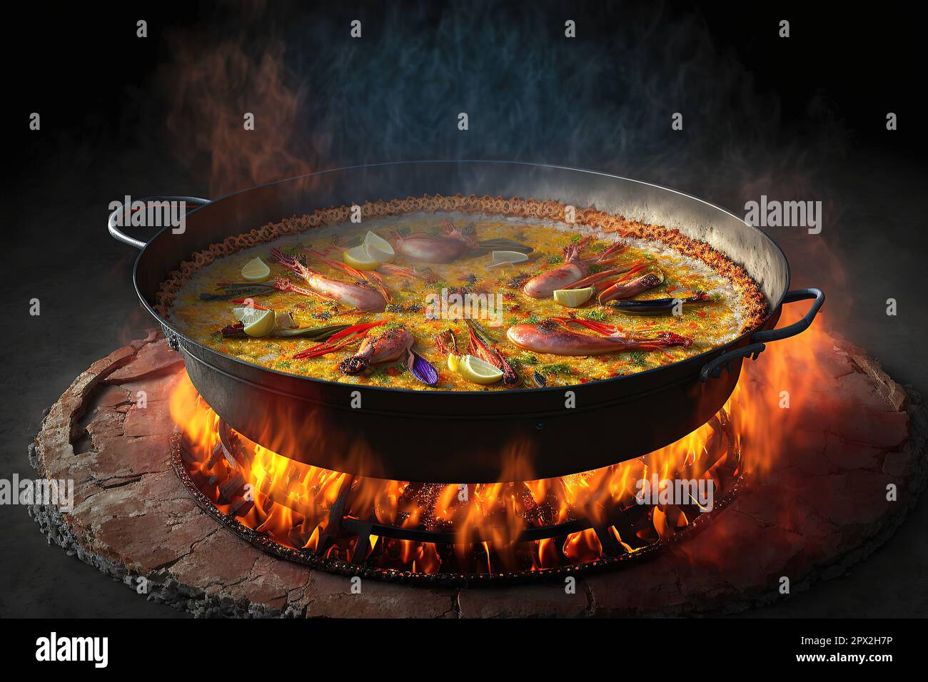 Pan with traditional paella and burner stock photo Stock Photo Alamy