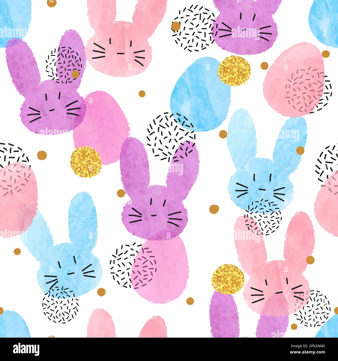 Colorful vector Easter pattern with watercolor bunnies and eggs. Stock Vector