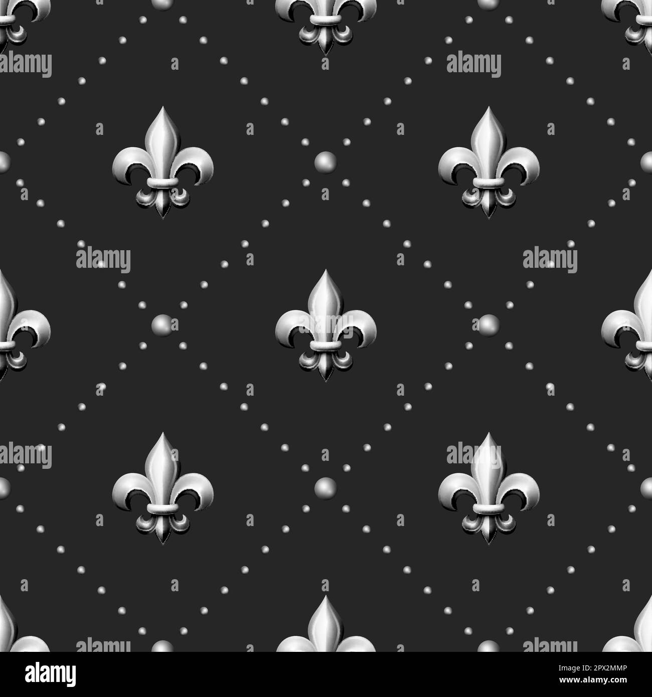 Vector Seamless Pattern with Vintage 3d Realistic Metal Silver Color Fleur De Lis Closeup on Black Background. Heraldic Lily, Front View. Vector Stock Vector