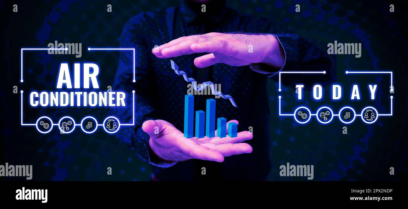 Conceptual display Air Conditioner, Internet Concept apparatus for washing air and controlling its humidity and temperature Stock Photo
