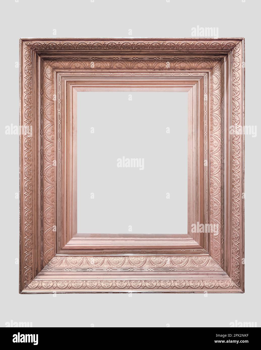 Rose gold metallic frame broad wide detailed classical gallery art luxury isolated light gray background Stock Photo